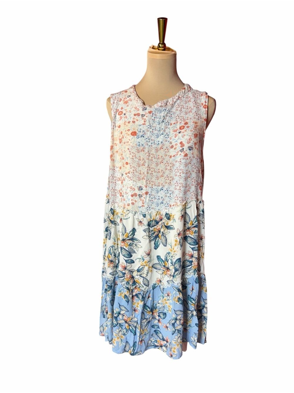Penelope Rose Floral Patchwork Sleeveless Mini Dress Blue White Size M